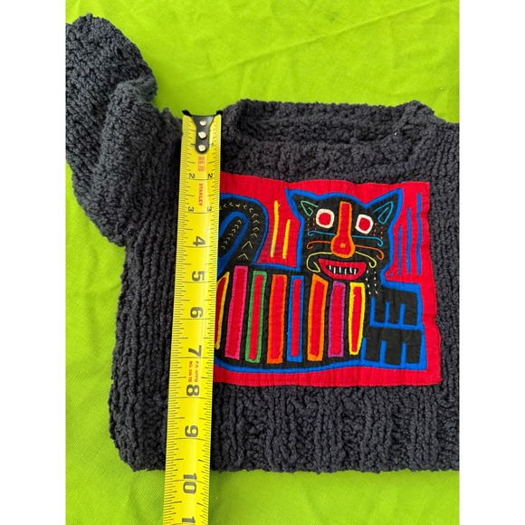 Vintage Handmade Mola Cat Patch Chunky Knit Sweater Black Toddler Kids Artisan - Picture 6 of 8